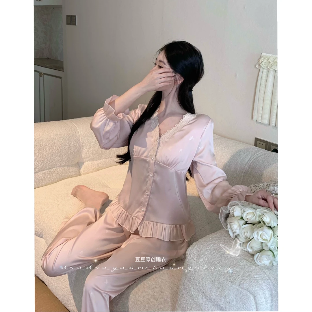 1豆豆【粉樱甜梦】柔光软丝长袖家居服高腰显瘦睡衣女小众春季