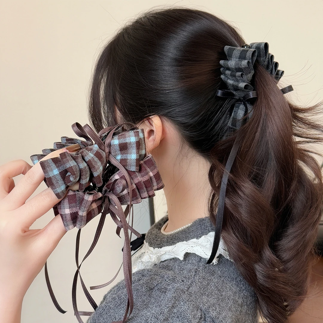 复古格纹飘带蝴蝶结香蕉夹秋冬百搭布艺高马尾夹网红新款发夹发饰