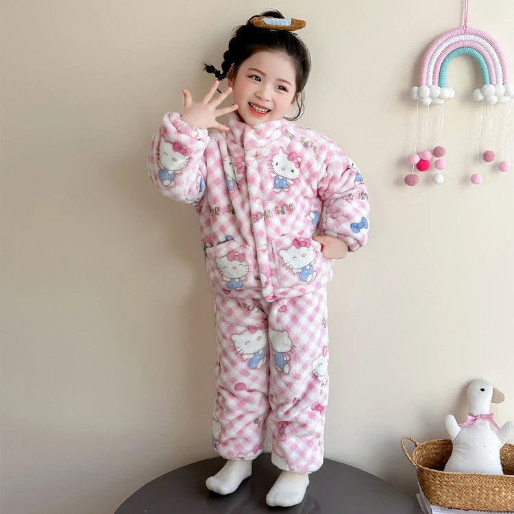 女童睡衣kt猫加绒加厚套装2025新款儿童冬装粉色格子棉袄家居服