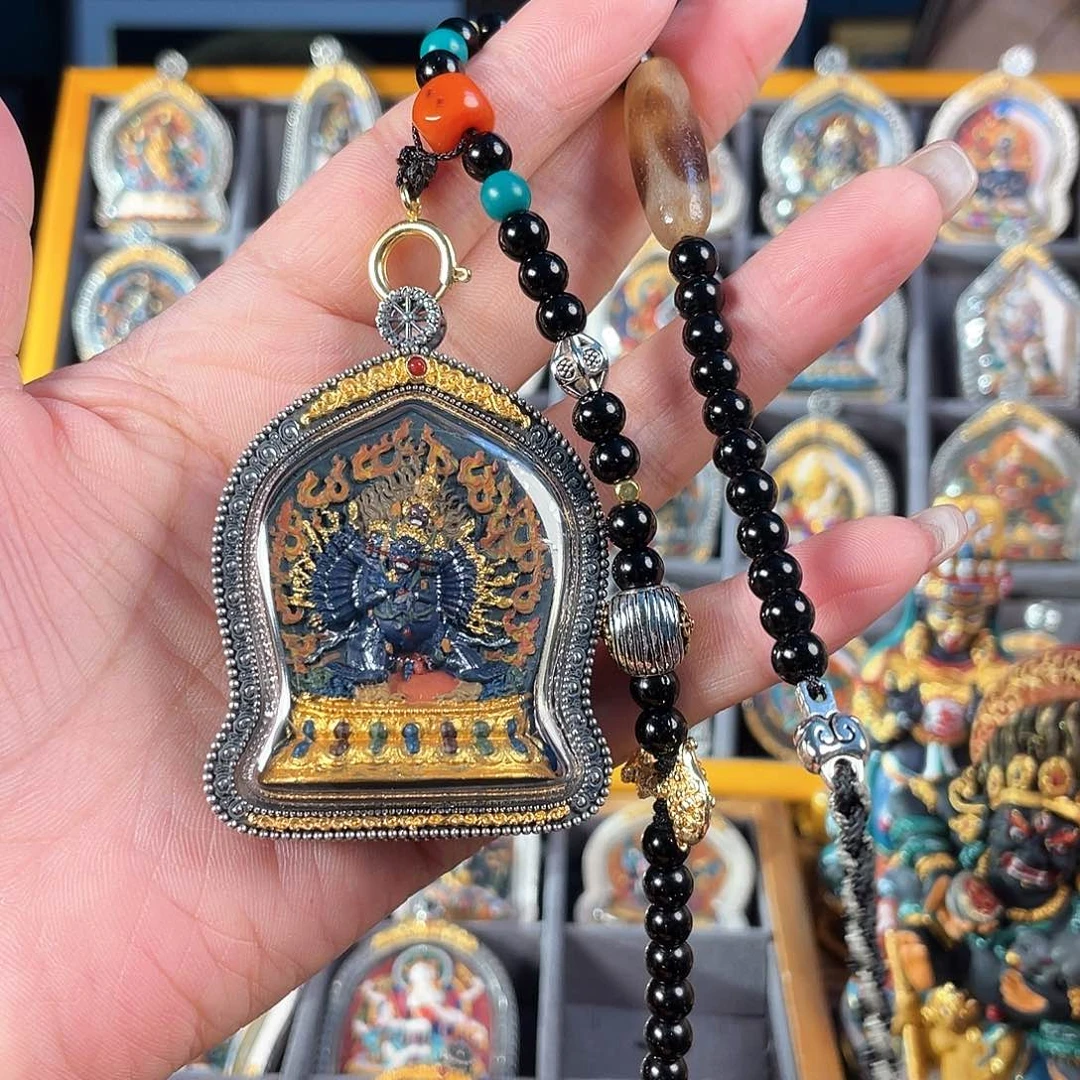 泥塑纯手绘大威德擦擦吊坠925银壳有绳有礼盒