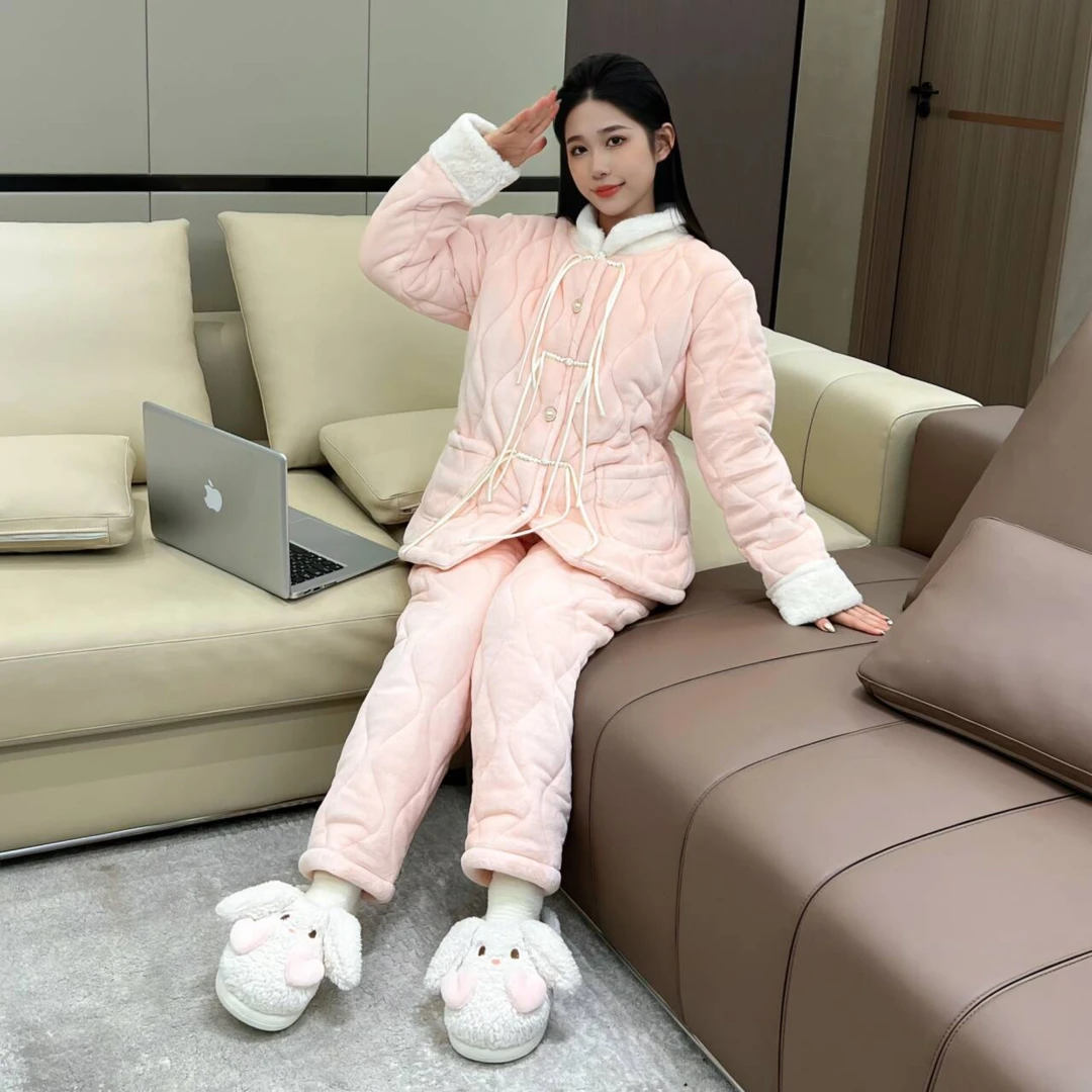 【国色天香】2025新款秋冬季三层夹棉加厚睡衣女加绒保暖家居服套装