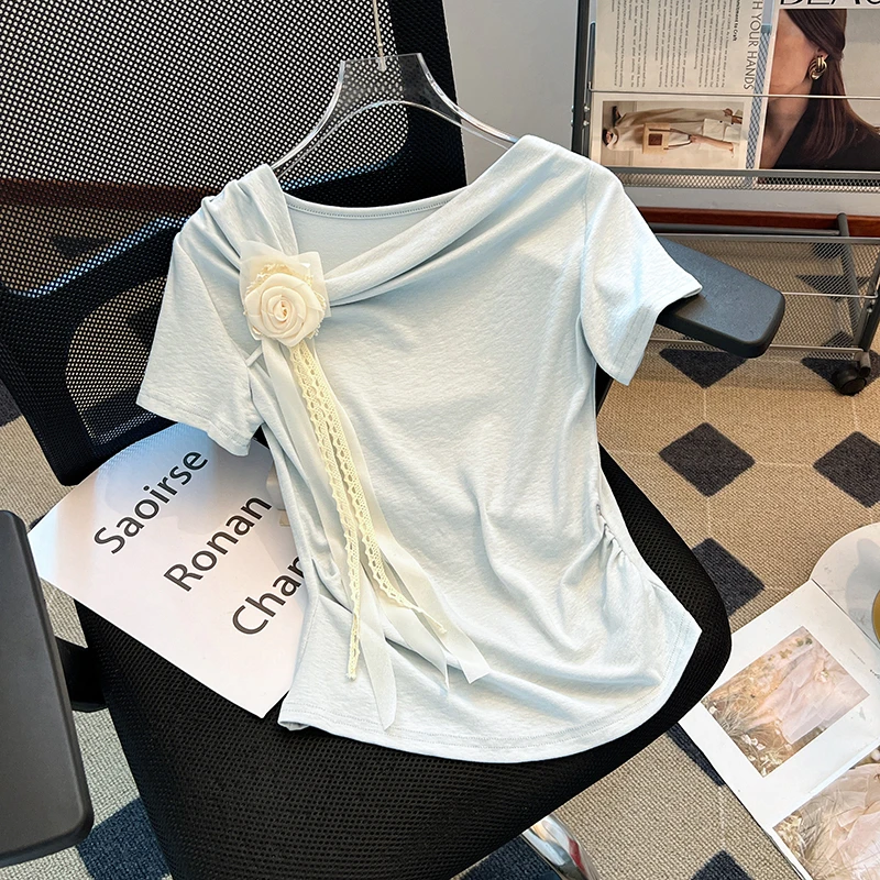 法式时尚立体花朵斜领短袖T恤女夏季新款设计感收腰显瘦别致上衣
