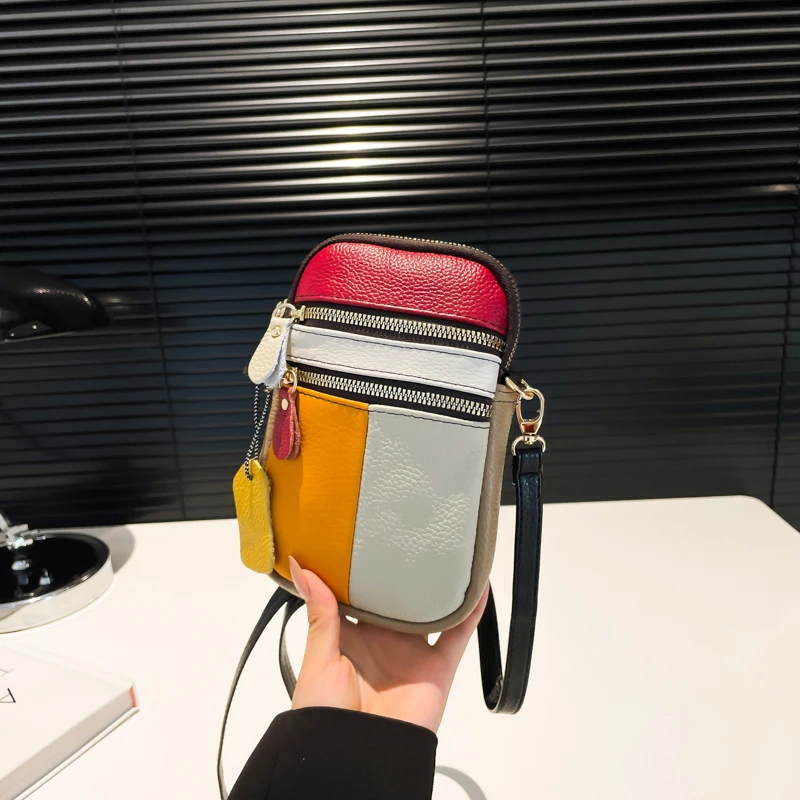 真皮手机包单肩斜挎包拼接色