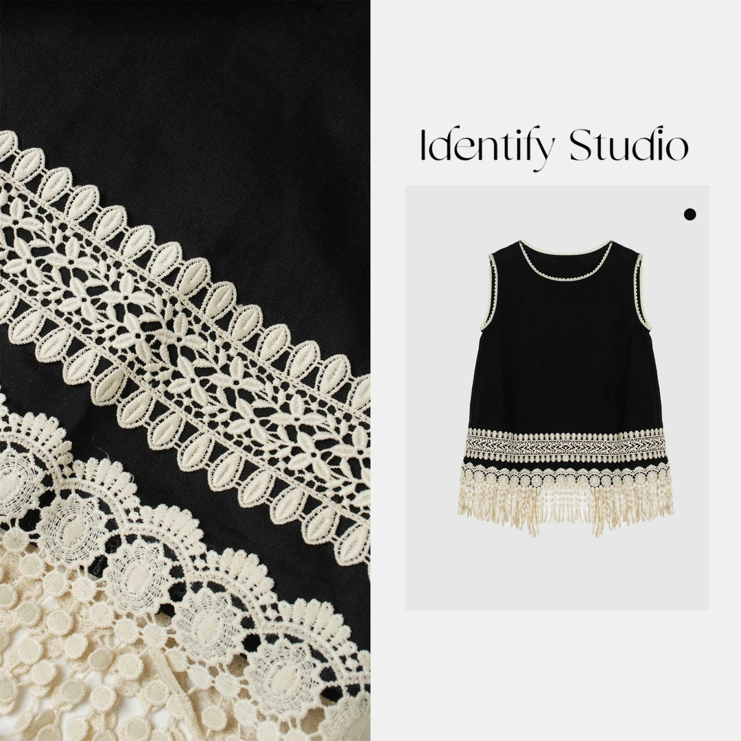 IDENTIFY"巴洛克情书"夏季新款气质百搭拼接流苏亚麻马甲上衣25SS