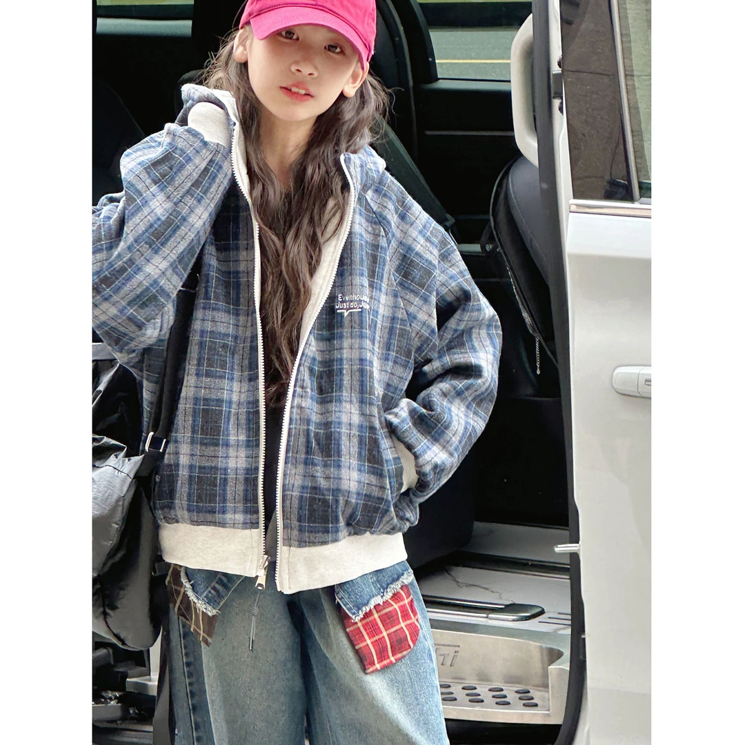 K30088孙小美双面穿女童格纹外套2025新款秋冬儿童连帽上衣拉链衫
