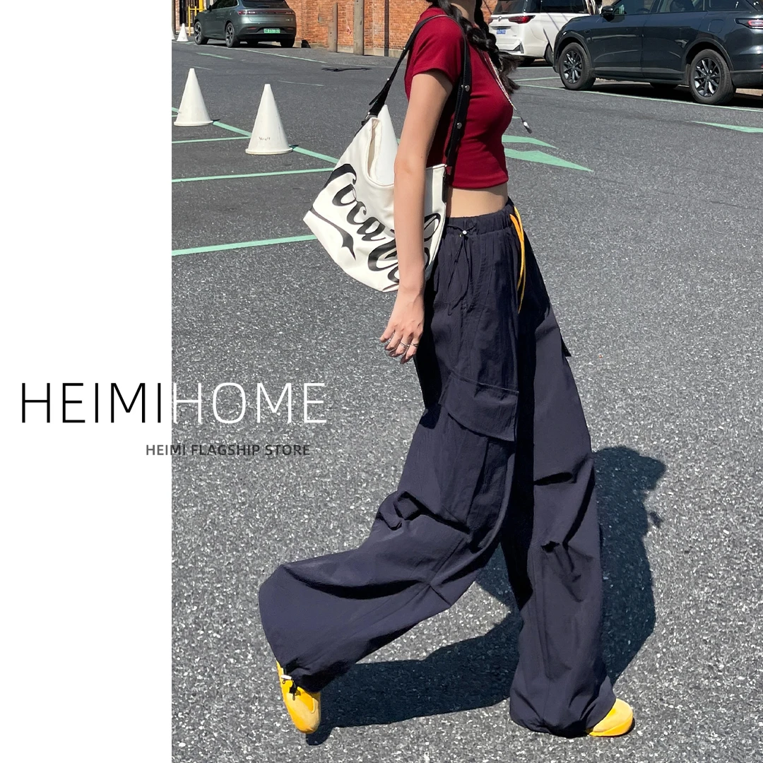 藏青色速干工装裤女夏薄款高腰抽绳束脚大口袋运动裤户外登山裤潮