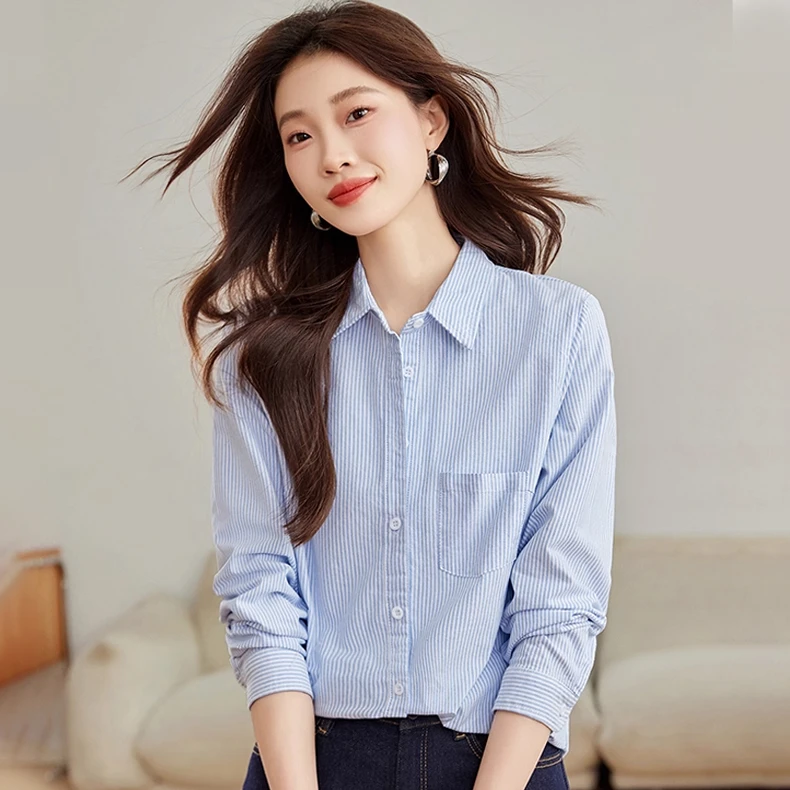 100棉！新款春秋纯棉polo领减龄长袖条纹衬衫牛津纺百搭女士衬衣