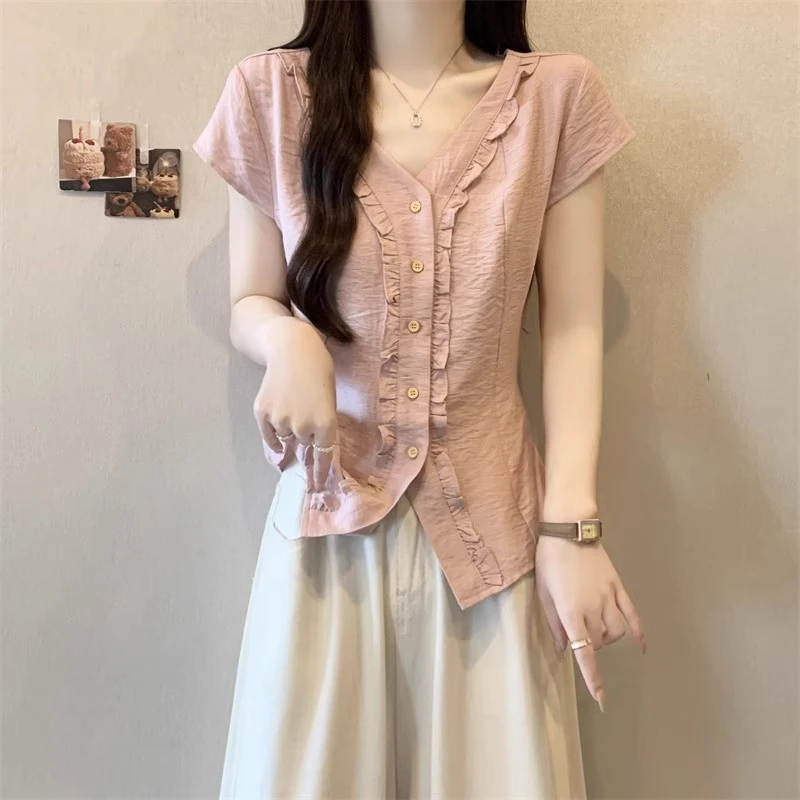 法式短袖夏季复古风女衬衫胖mm大码显瘦衬衣气质设计感优雅上衣