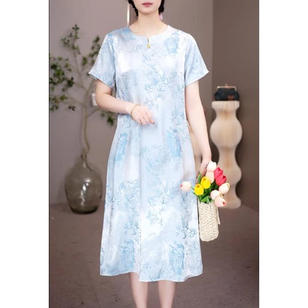 2117【兰竹花萝】圆领直筒遮肚子连衣裙
