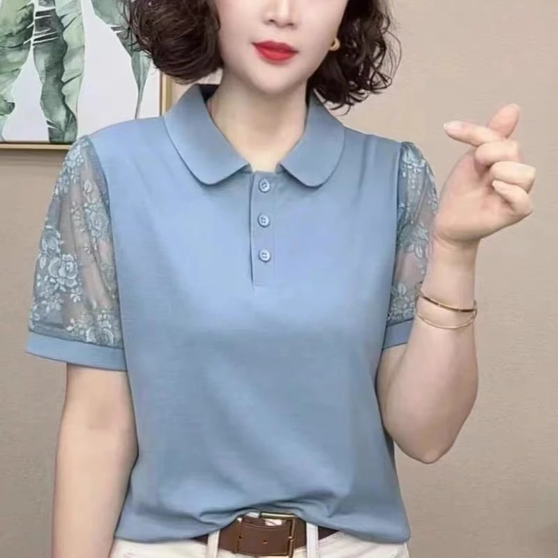 夏季新款时尚蕾丝纱拼接翻领短袖洋气T恤-882