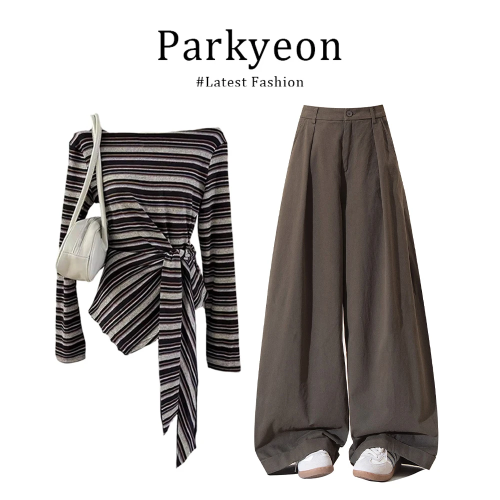 parkyeon韩系慵懒风露肩长袖系带条纹上衣时尚直筒休闲裤早秋套装