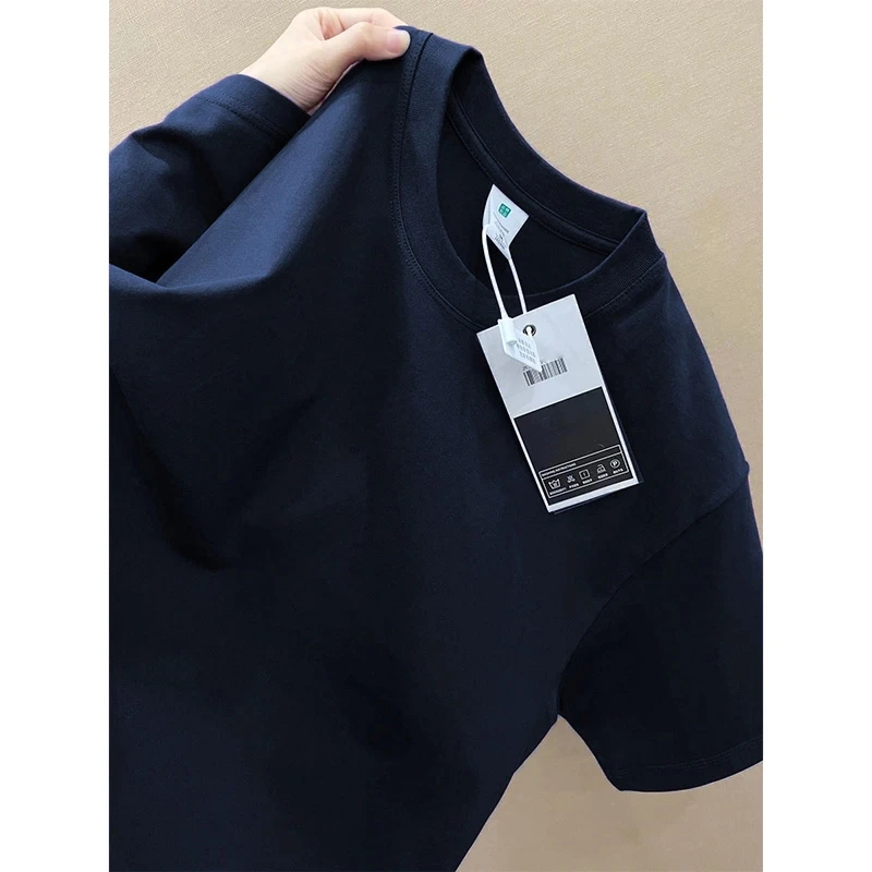 藏青色重磅纯棉T恤男夏季螺纹小领口短袖美式cleanfit正肩半袖