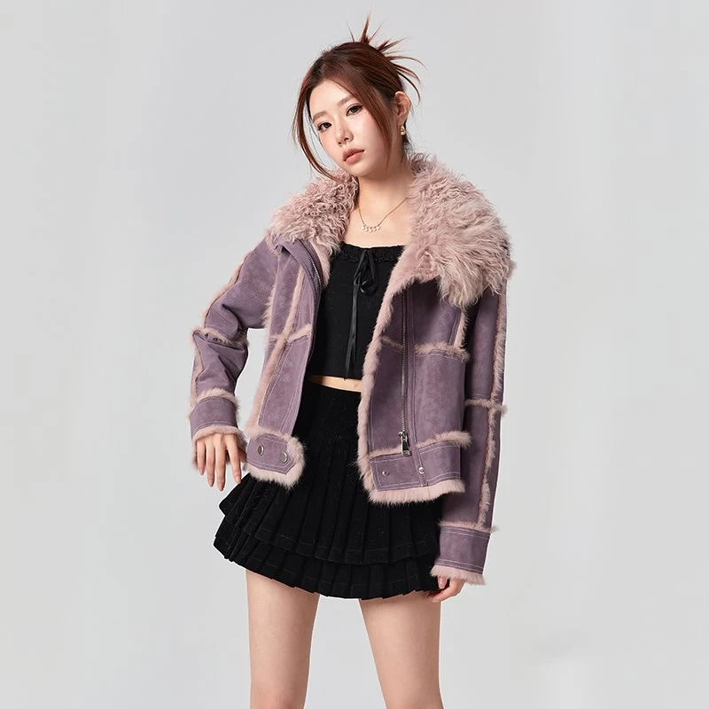 2024年兔毛内胆羊卷毛毛领精典时尚百搭皮毛一体女士短款外套