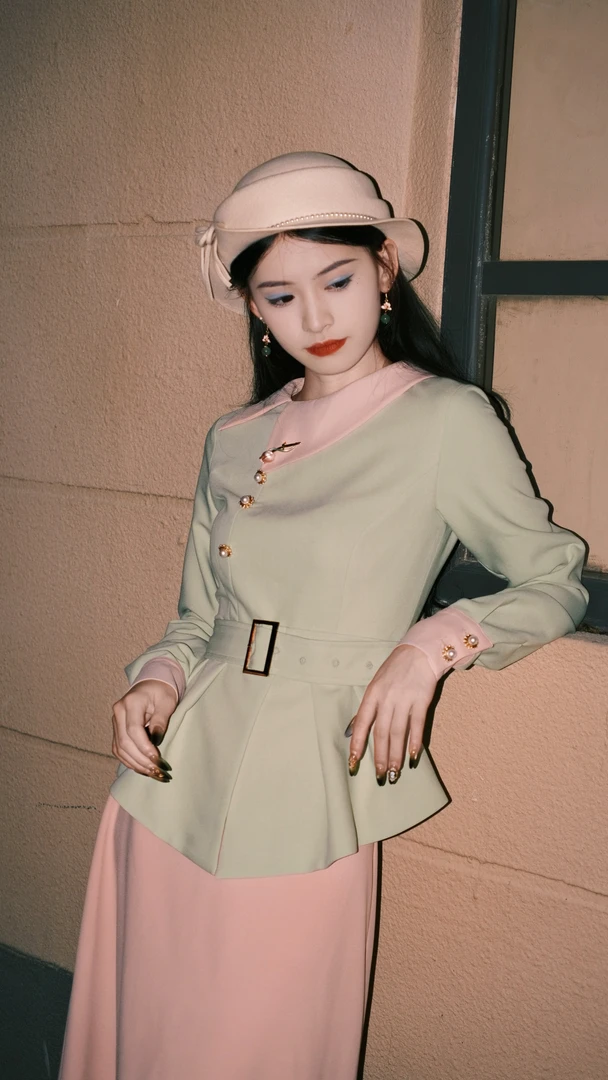【藏玉白】「郁金香」轻职风套装小众气质上衣粉色下裙-Y-000123