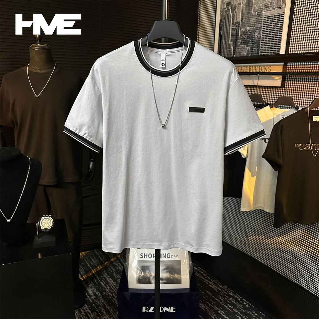 【HMEYAO】夏季重磅撞色刺标字母设计时尚百搭冰感棉圆领短袖T恤男