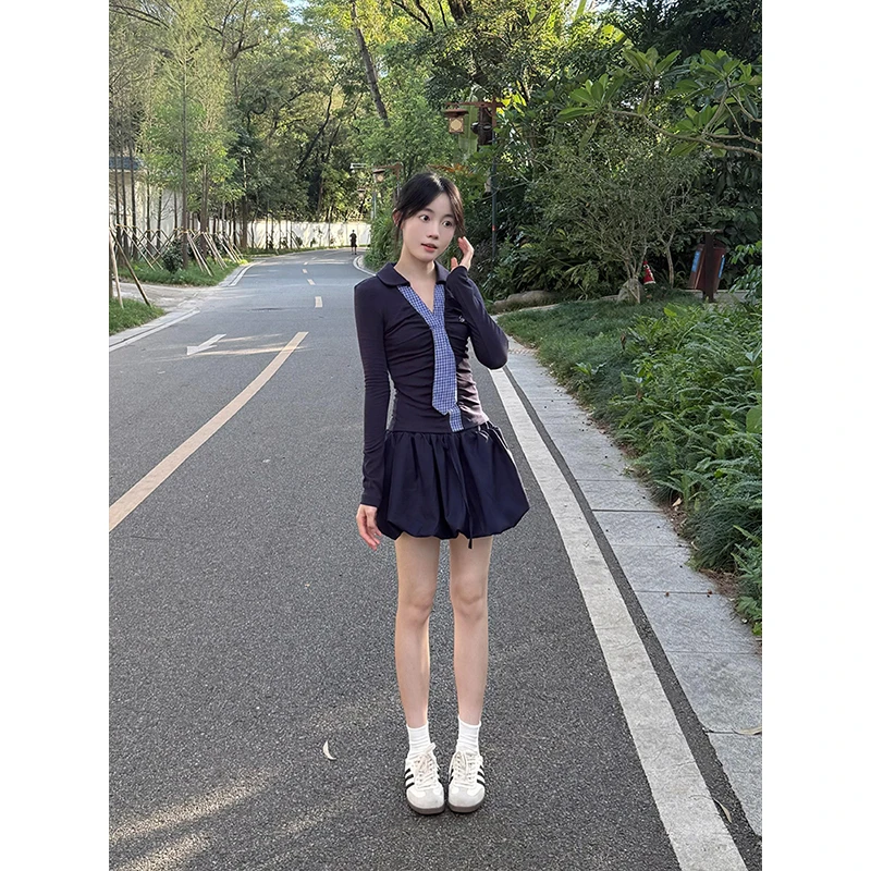 2025新款学院风长袖连衣裙子女早秋韩系独特漂亮掐腰花苞短裙套装