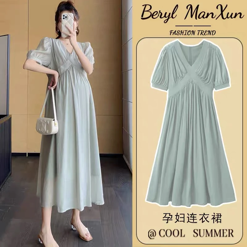 孕妇夏装连衣裙短袖v领法式气质高级感2025新款a字裙