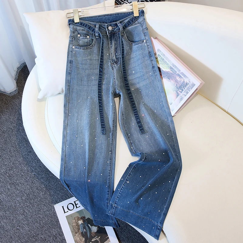 妙臻夏季薄款天丝满天星烫钻高腰直筒阔腿牛仔裤九分裤女新款3319