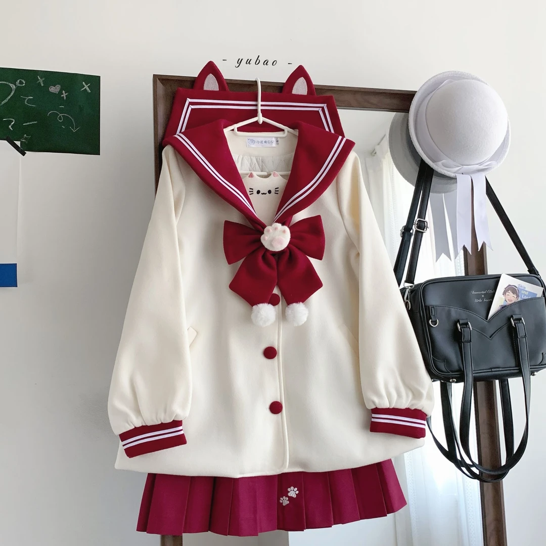 小花猪JK小猫物语学院风秋冬厚款冬季女收口袖可爱风毛呢JK外套