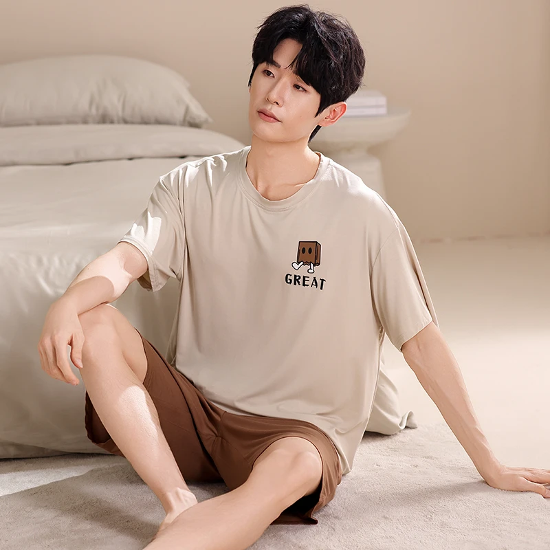夏季新款短袖睡衣男士凉感莫代尔薄款圆领可外穿时尚家居服套装