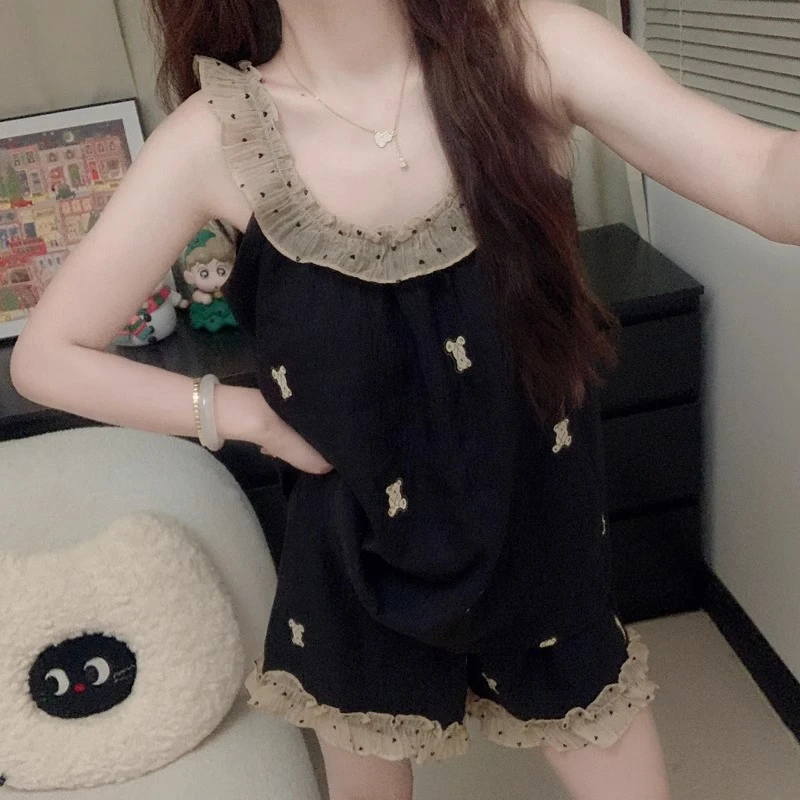 卡通小熊公主风睡衣套装少女夏季云朵棉带胸垫无袖背心短裤超甜