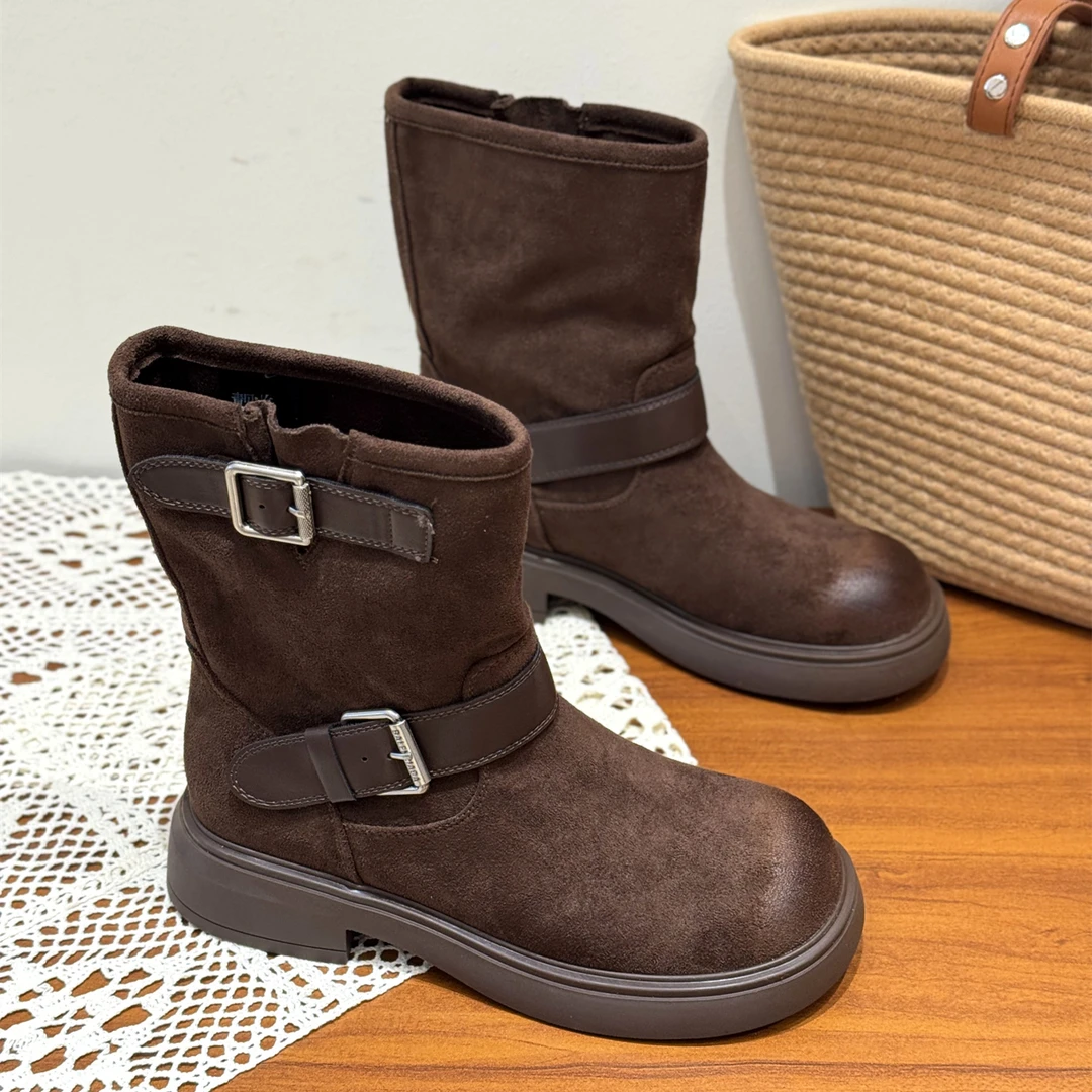 法式圆头擦色皮带扣瘦瘦靴女2025新款季复古绒面厚底西部牛仔短靴