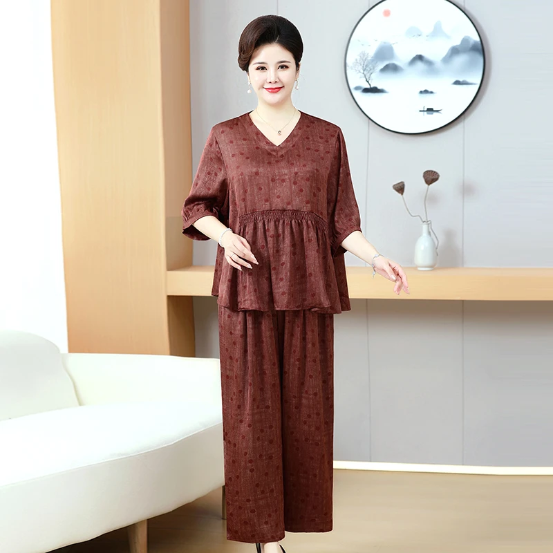 气质妈妈夏季洋气套装遮肚显瘦中老年女装休闲上衣裤子两件套百搭