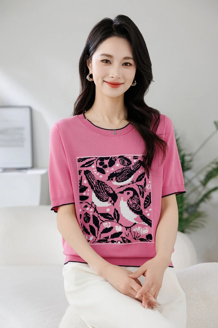 【母亲节特惠】9536喜鹊登梅款桑蚕丝天丝短袖针织衫