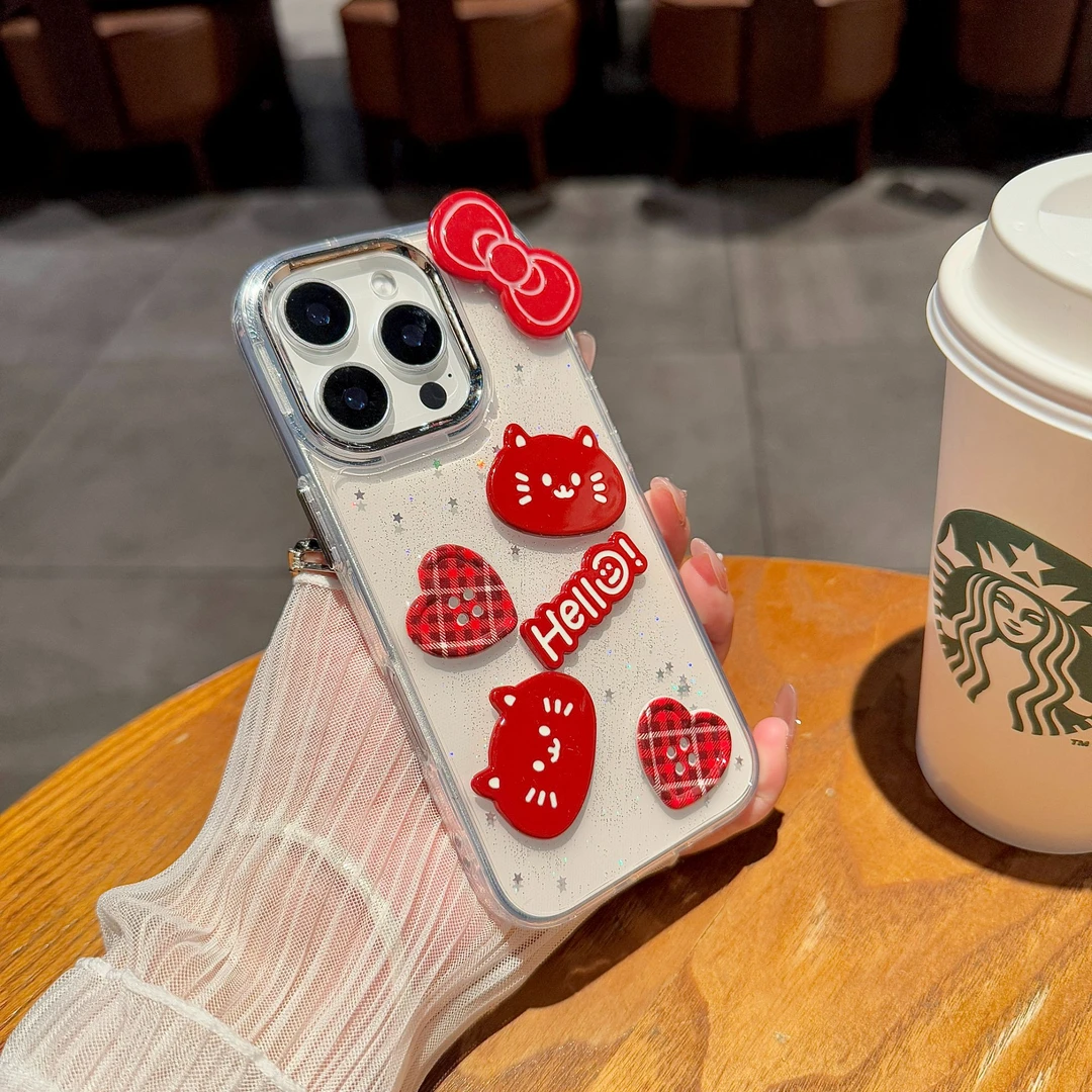 ins红色立体爱心纽扣KT猫适用于苹果16手机壳iPhone14/13防摔15