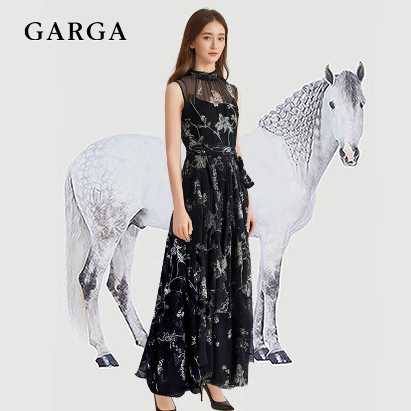 GARGA黑色碎花连衣裙套装女飘带上衣半身裙两件套裙装修身长裙夏