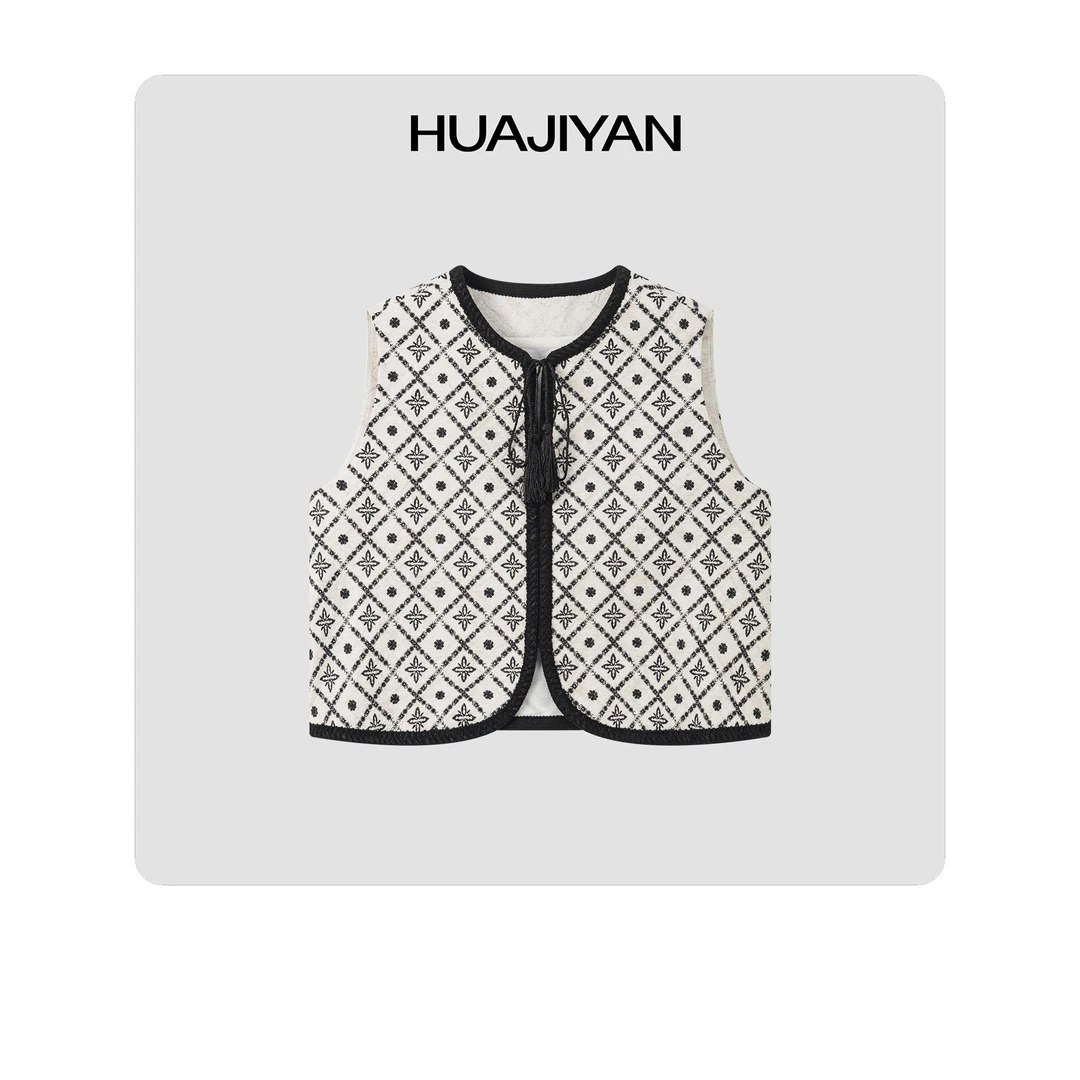 华吉言/HUAJIYAN【图腾】亚麻棉混纺装饰绳设计无袖民族风马甲