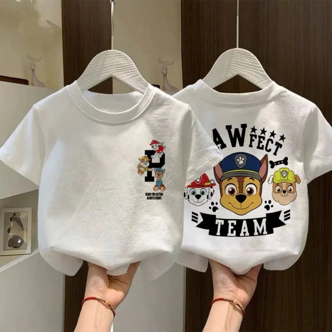 纯棉男童女童纯色短袖T恤衫夏季中小儿童卡通印花汪汪队半袖童装