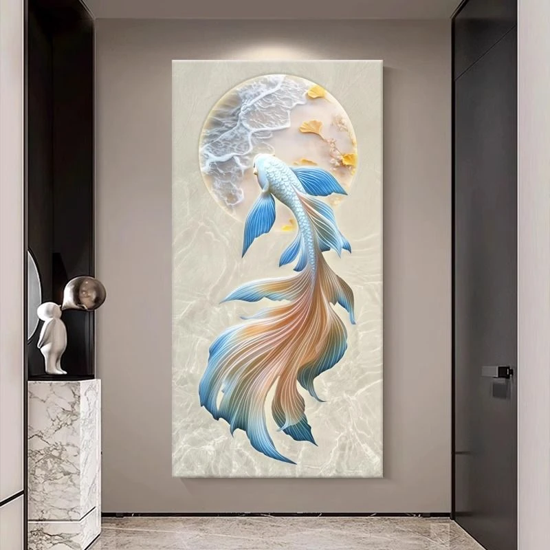 3d锦鲤玄关装饰画大气砂岩画入户门挂画寓意好客厅走廊过道壁画