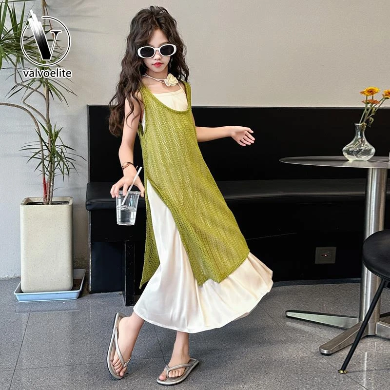 VALVOELITE女童连衣裙夏季2025新款海边度假镂空背心裙大童吊带裙