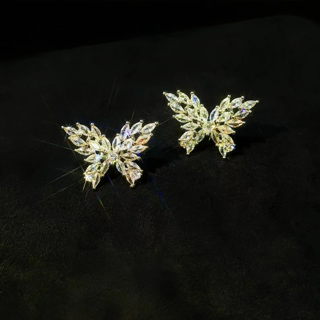 铜合金锆石耳饰 蝴蝶锆石无包边爆闪镶嵌轻奢高级氛围感浪漫仙气