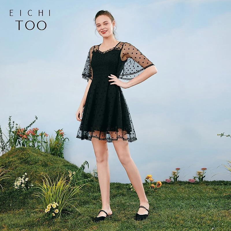 B爱居兔夏季女装淑女风网纱波点结合短袖连衣裙EQLBJ2L046A