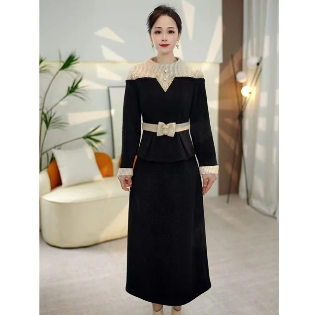 6032时尚洋气套装裙女2025冬新款减龄加绒加厚拼接显瘦连衣裙女