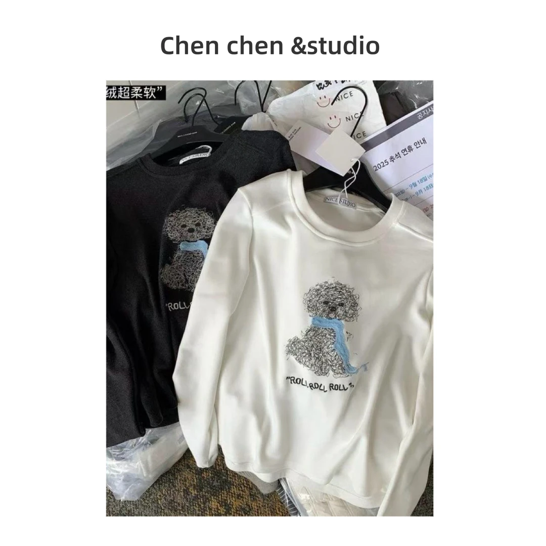 【潦草小狗德绒长袖】烫印ins风圆领T恤女韩版冬季厚卡通打底慵懒