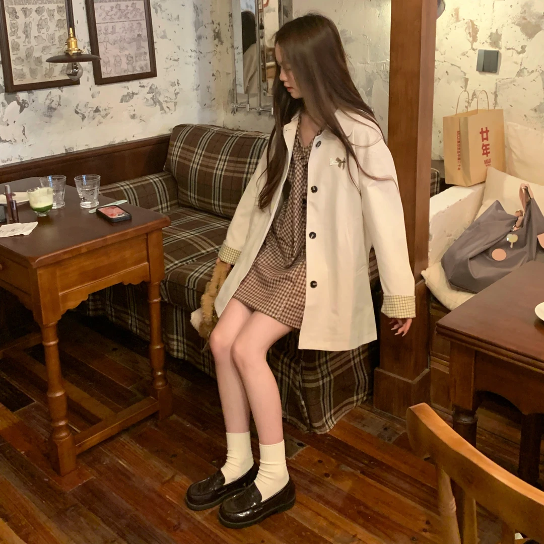 小个子设计感韩系简约百搭翻领中长款宽松女士风衣