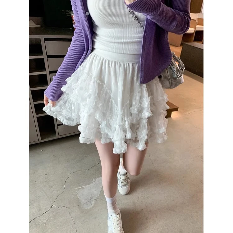 大码芭蕾风蕾丝半身裙女夏季胖MM遮肚子显瘦短裙子高腰A字蛋糕裙