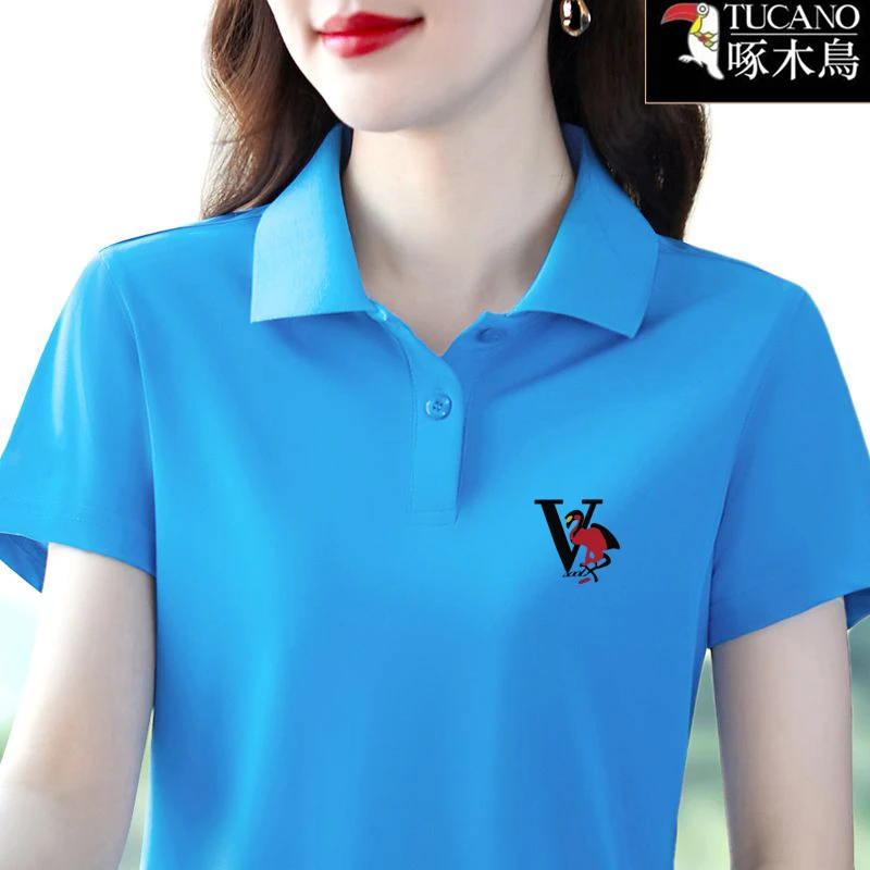 啄木鸟2025年新款印花纽扣翻领T恤女小众通勤夏季短袖POLO衫上衣