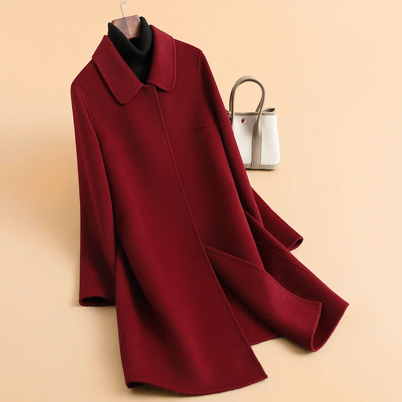2025秋季新款红色大衣大码女装胖mm女双面羊毛大衣遮肉毛呢外套女
