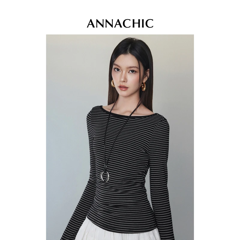 ANNACHIC设计感辣妹露背T恤女春季经典条纹撞色长袖弹力修身上衣