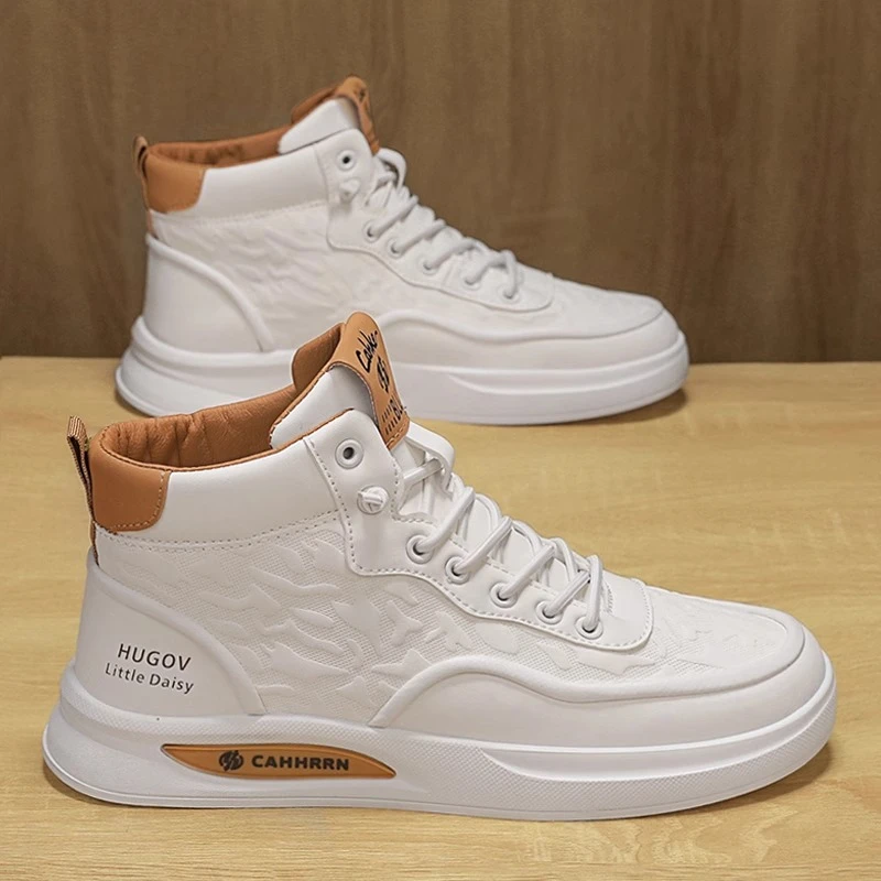 男鞋2025春秋新款百搭韩版运动休闲皮面小白板鞋潮鞋英伦风高帮鞋