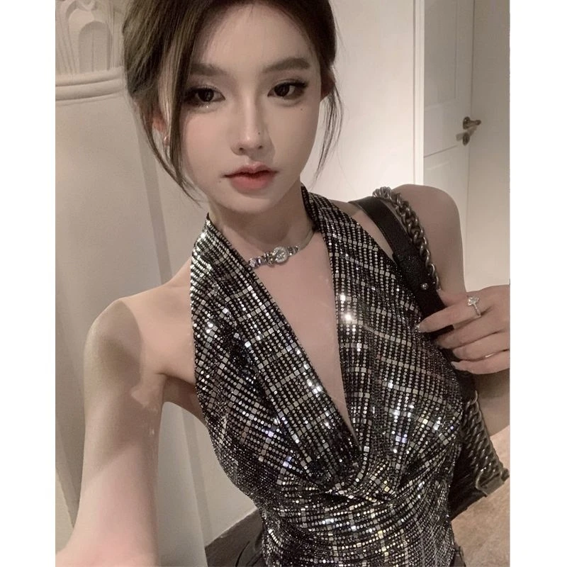 亮片挂脖吊带背心女2025夏季新款短款修身无袖露背高级感上衣外穿