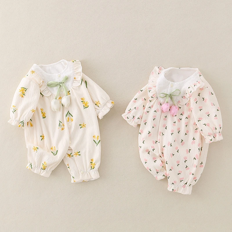 郁金香花秋款双层宝宝儿童婴幼儿童长袖婴儿洋气薄款连体衣春秋