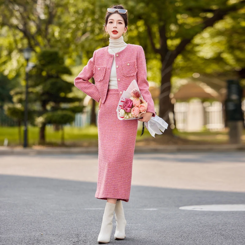 时尚套装新款秋冬装粉色气质加厚小香风外套半裙两件套去裙YJ1371