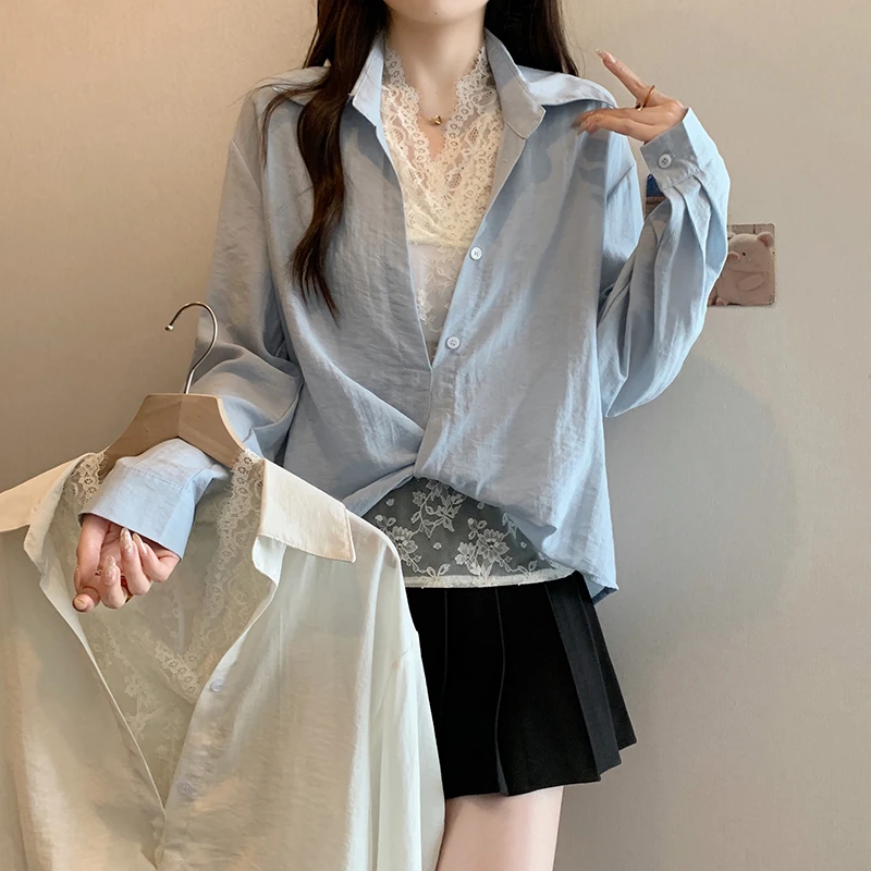 实拍2025秋装新款胖mm大码女法式气质蕾丝假两件别致衬衫上衣