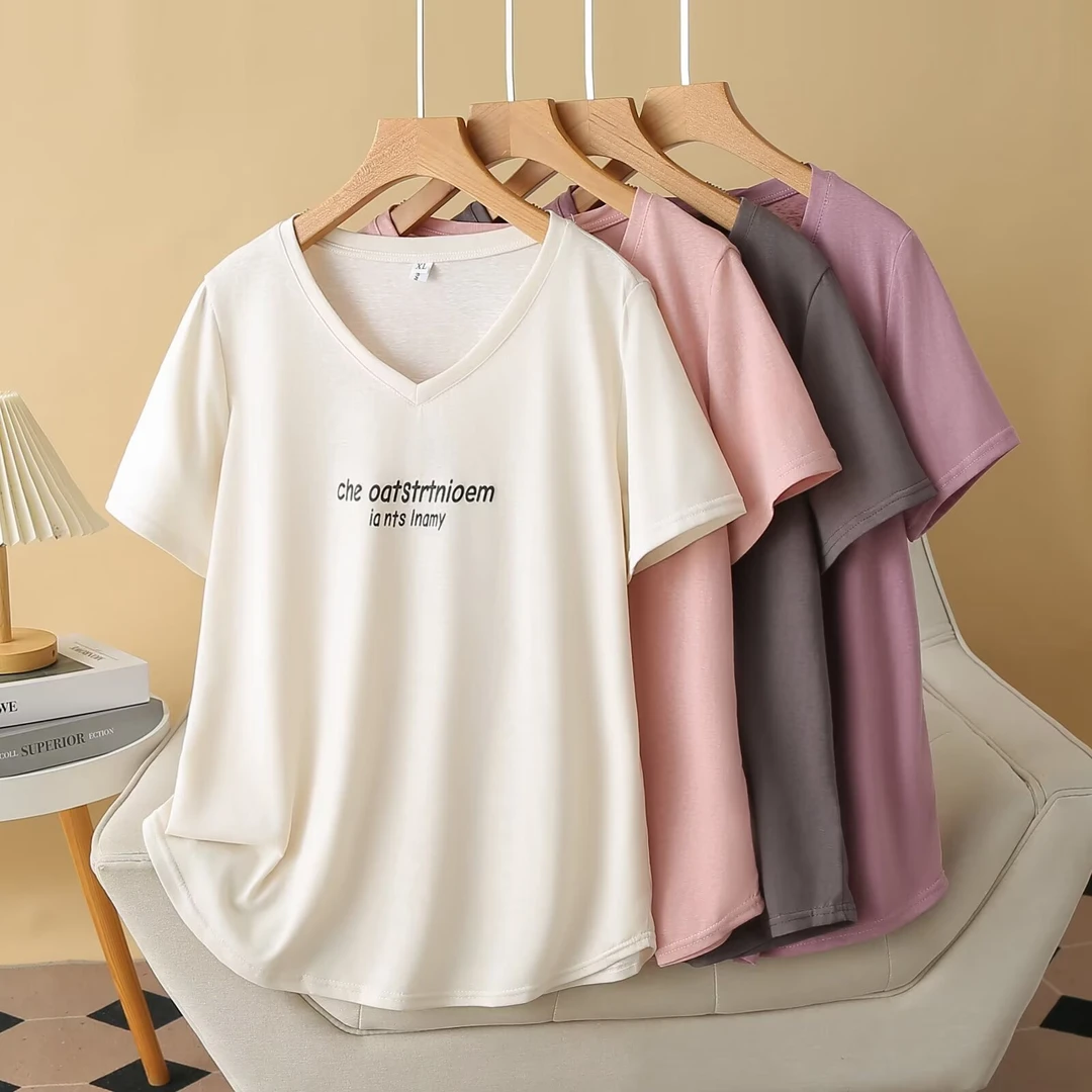 大码夏季V领显瘦百搭宽松字母印花短袖T恤遮肚子上衣