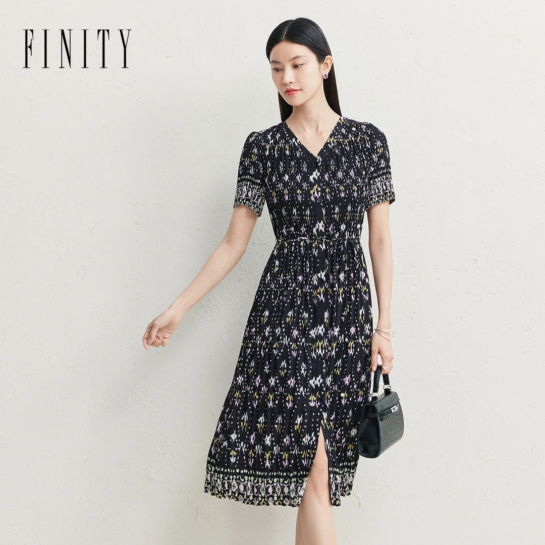 FINITY 新品高级感黑底印花气质时尚连衣裙 F21Y4D02L3